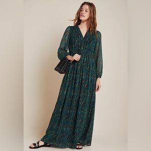 Ranna Gill Anthropologie Daphne Green Floral Long Sleeve V-neck Maxi Dress